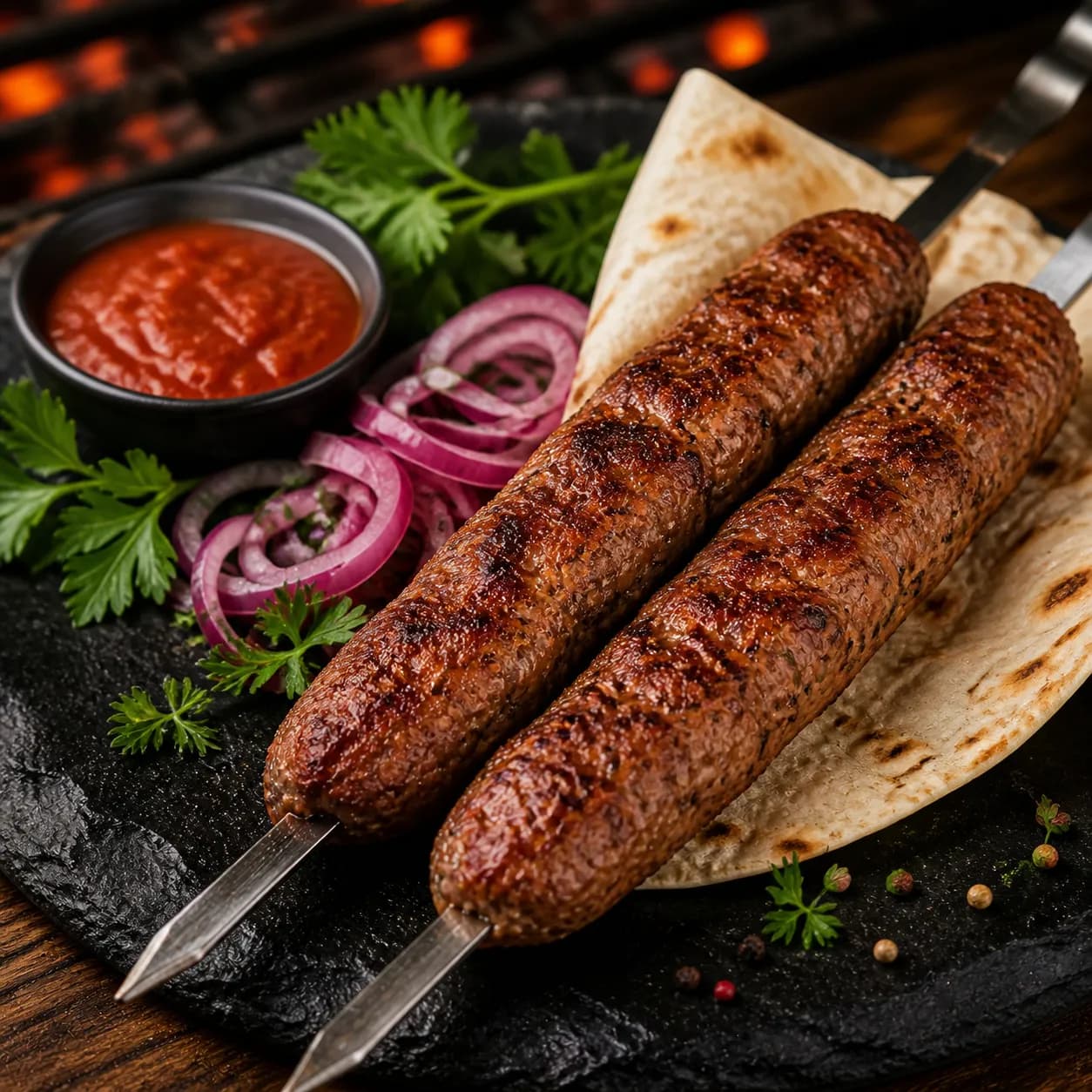 Люля на шампурах с лавашом и соусом